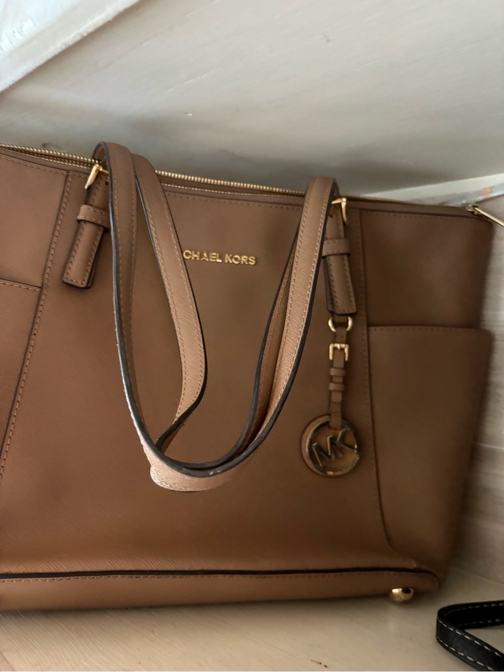 Michael Kors Brown Saffiano Leather Tote with Gold Logo Charm